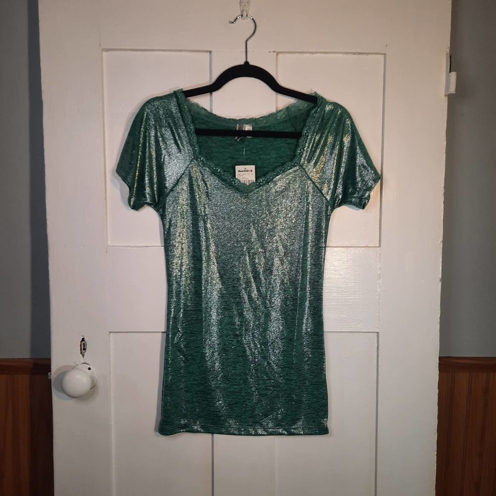 BKE NWT Teal Metallic Lace Short Sleeve Tshirt SMALL